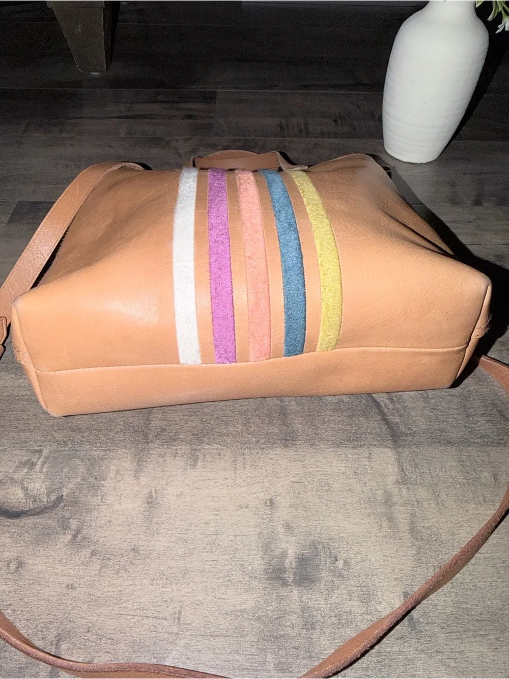 Madewell Tan Tote with Multicolor Vertical Stripe Detail